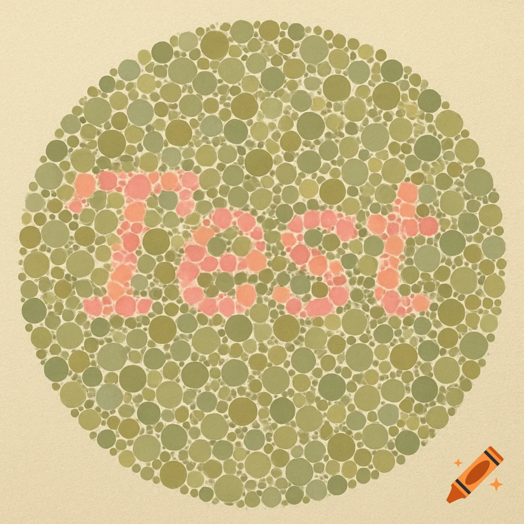 A circular Ishihara-style colorblind test with green and brown dots revealing the word 'Test' in pink.