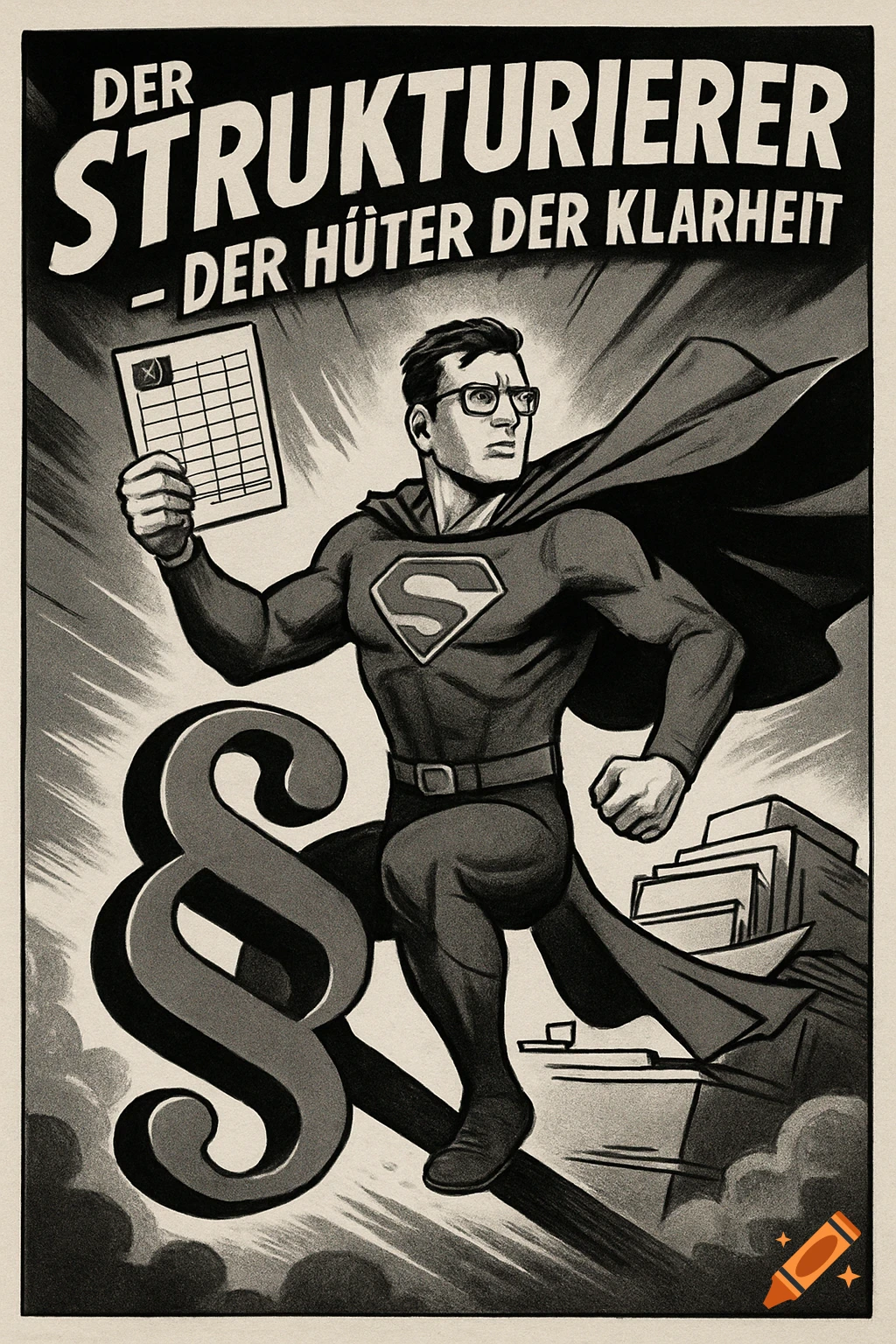 A Superman-like hero with glasses flies forward, holding a spreadsheet, atop a large paragraph symbol, in a vintage grayscale comic style.