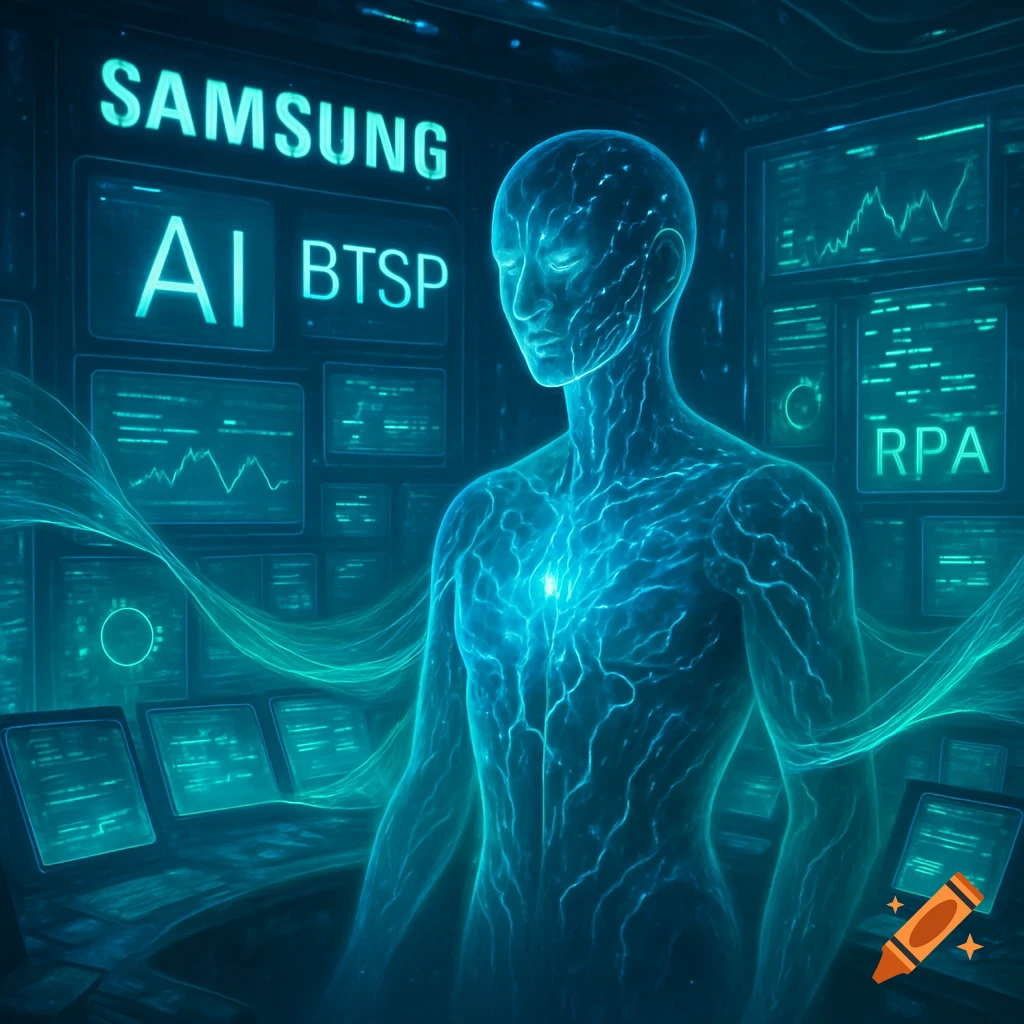 Ethereal blue human figure in a futuristic control room with screens displaying Samsung, AI, BTSP, and RPA text and data.