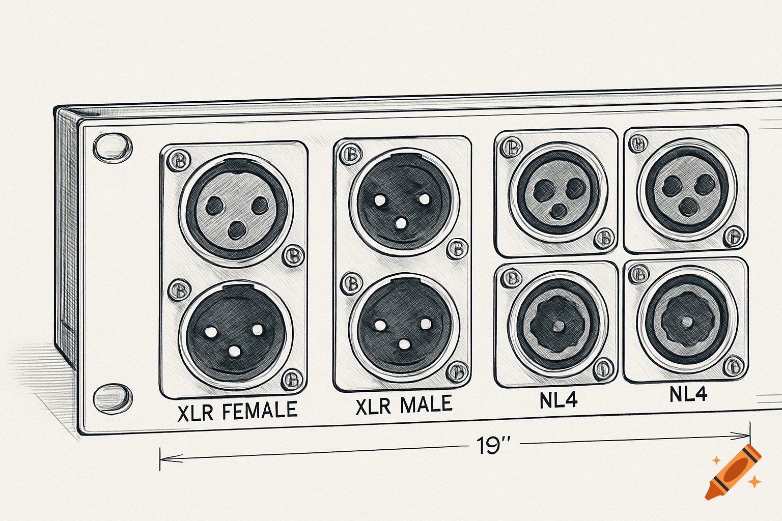 Technical drawing of a 19-inch rack panel with 2 XLR female, 2 XLR male, and 4 NL4 audio connectors.