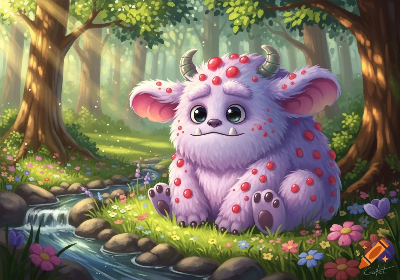 A cute, fluffy purple monster with red spots sits by a stream in a sunny, flower-filled cartoon forest.