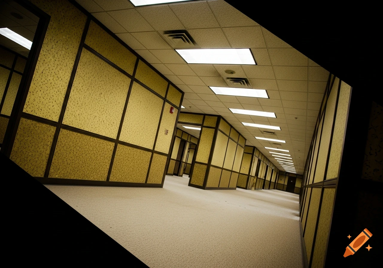 A low-quality, slightly grainy, tilted photo of an empty, labyrinthine office space with yellow patterned walls, beige carpet, and fluorescent lights. It evokes a liminal, claustrophobic atmosphere.