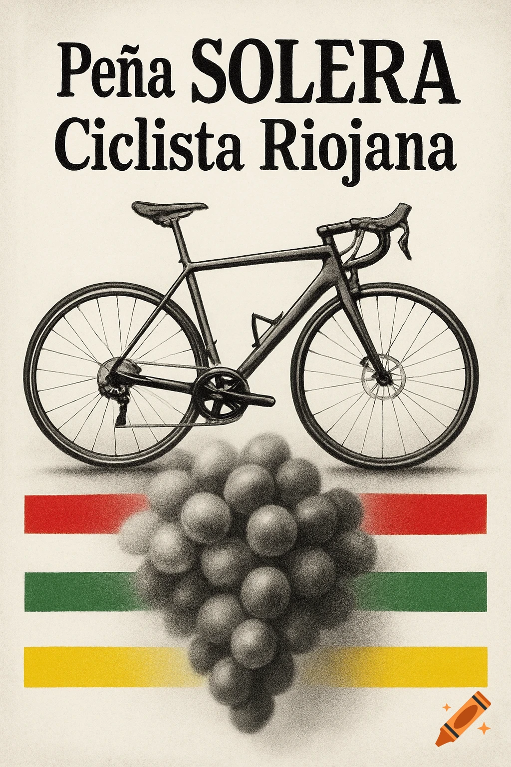 Vintage-style poster with a black bicycle over red, green, and yellow stripes, a cluster of grapes, and text 'Peña SOLERA Ciclista Riojana'.