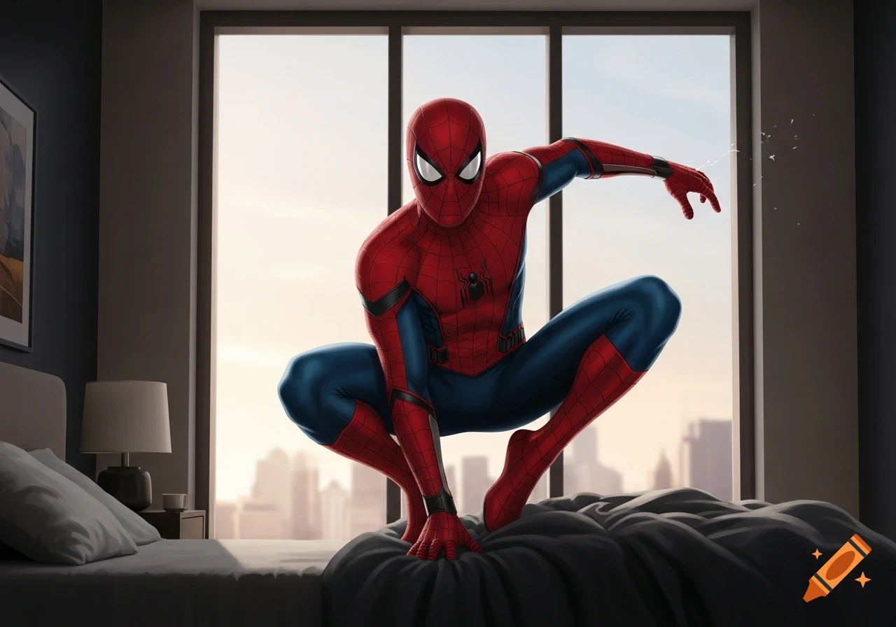Spider-Man in his iconic red and blue suit crouches on a bed in a modern bedroom, with a city skyline visible through large windows, in a comic art style.