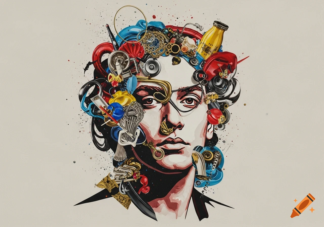 A stylized portrait head made from an assemblage of colorful, intricate objects against a light background.