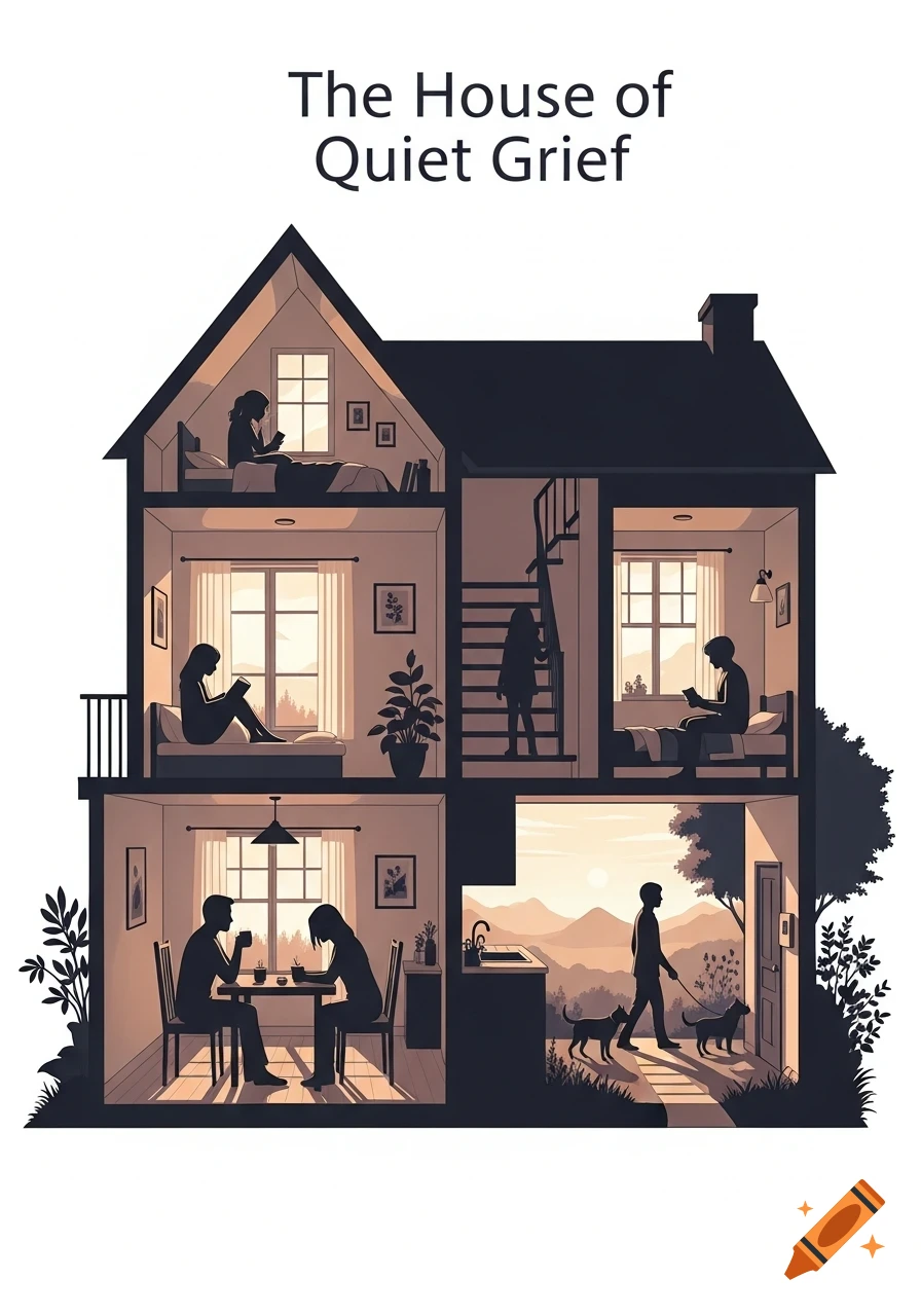 Illustration of a house cut-out titled "The House of Quiet Grief", showing silhouetted family members in rooms and a man walking dogs.