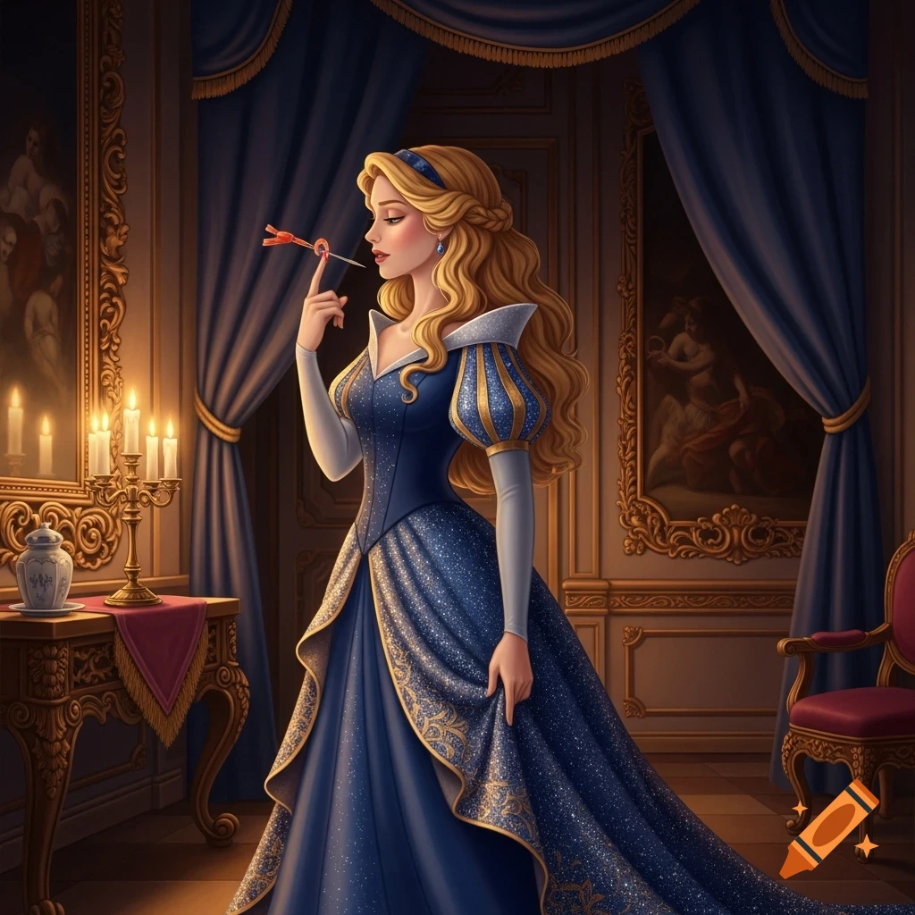 Princess Aurora in a sparkly blue gown pricking her finger with a pick in a candlelit royal chamber, illustrated.