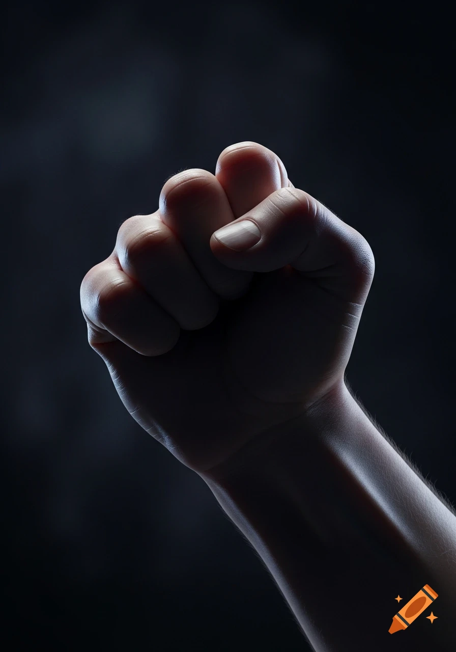 A close-up, photorealistic image of a clenched fist against a dark background, dramatically lit.