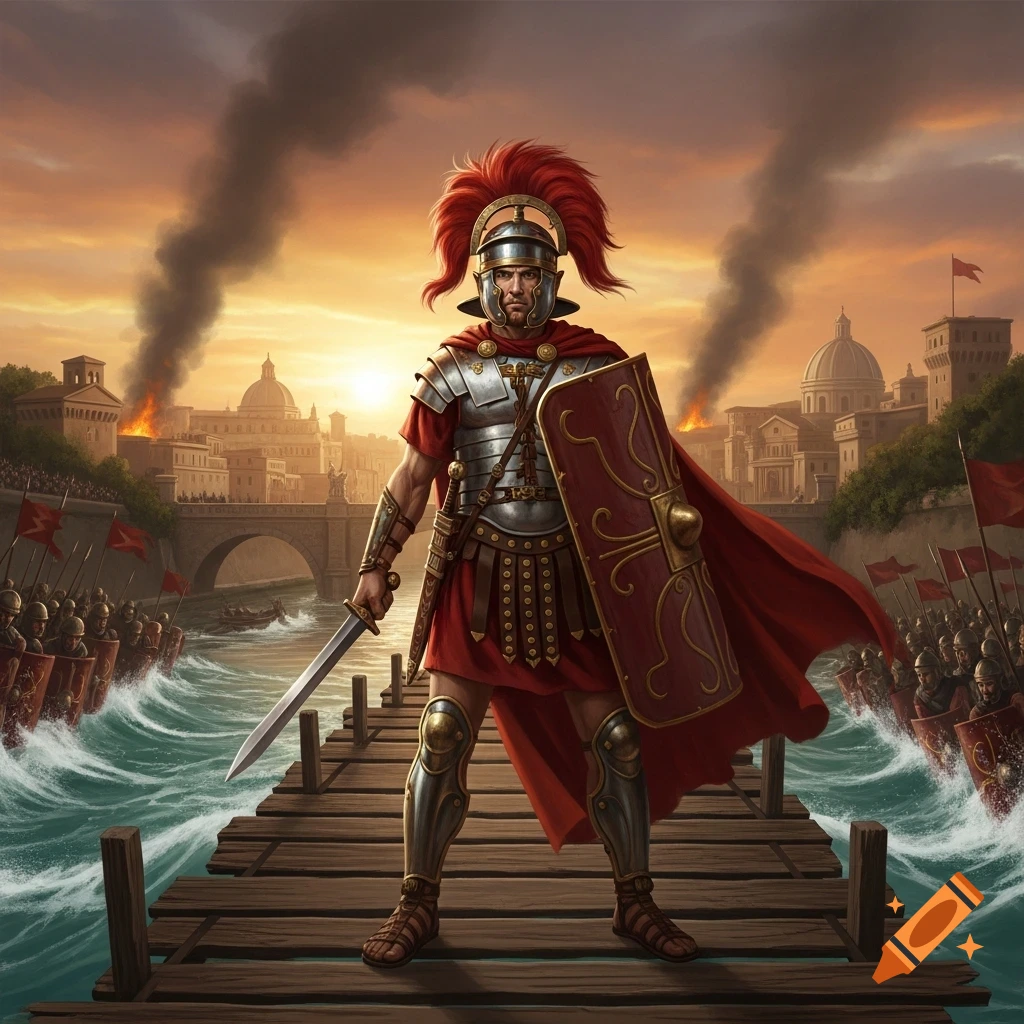An armored Roman soldier with a red plumed helmet, sword, and shield stands on a wooden pier with a burning ancient city and Roman fleet in the background, in an epic illustration.