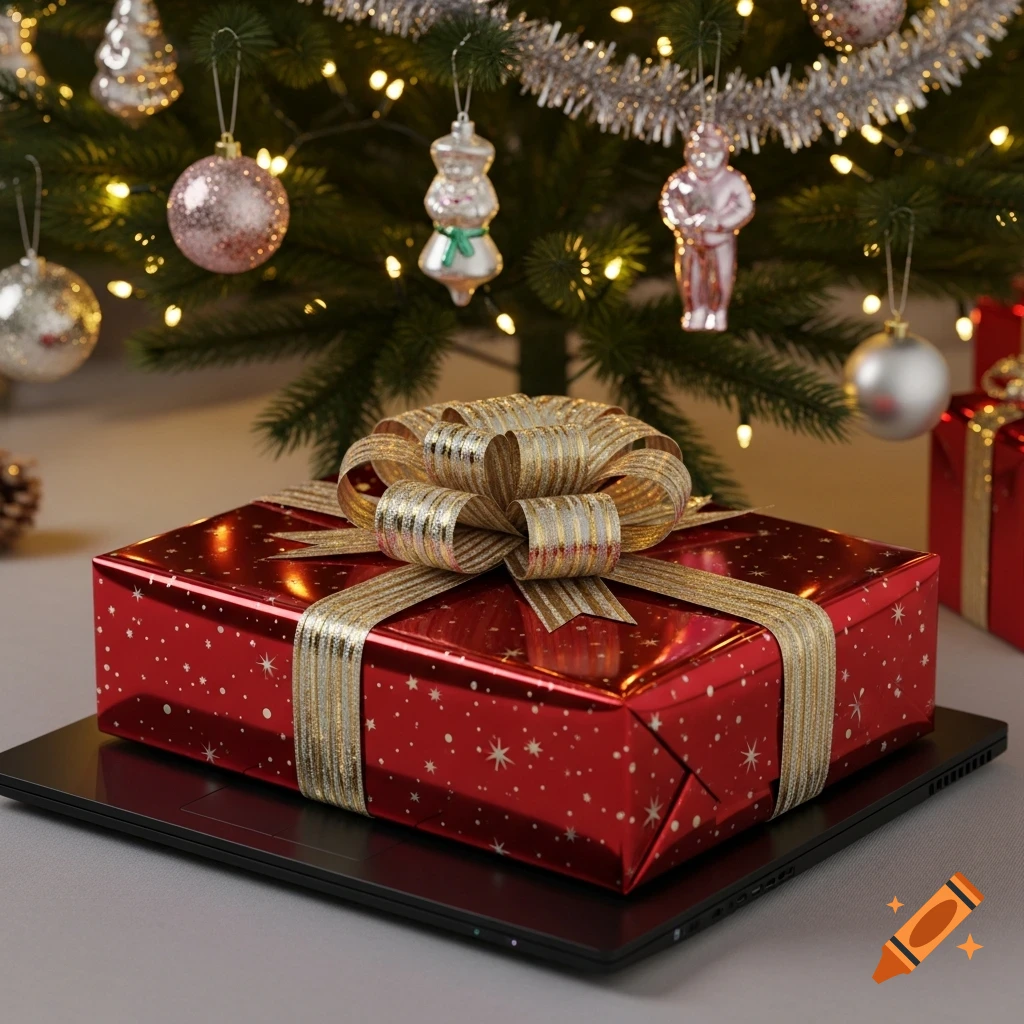 A red Christmas present with a gold bow rests on a black laptop under a decorated Christmas tree with warm lights and ornaments, photorealistic.