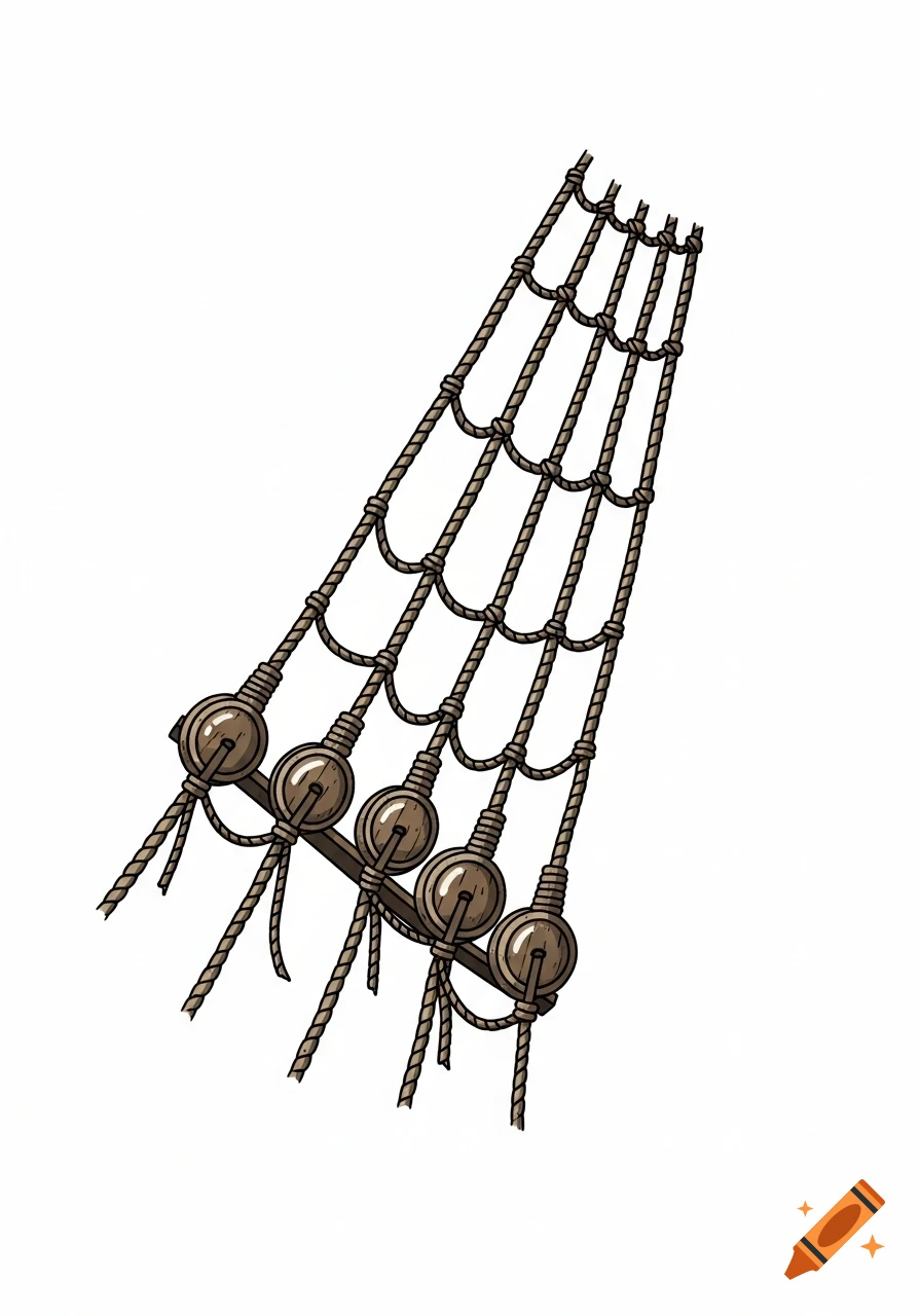 Flat 2D illustration of brown pirate ship rigging ropes forming a net-like pattern with circular blocks, on a white background.