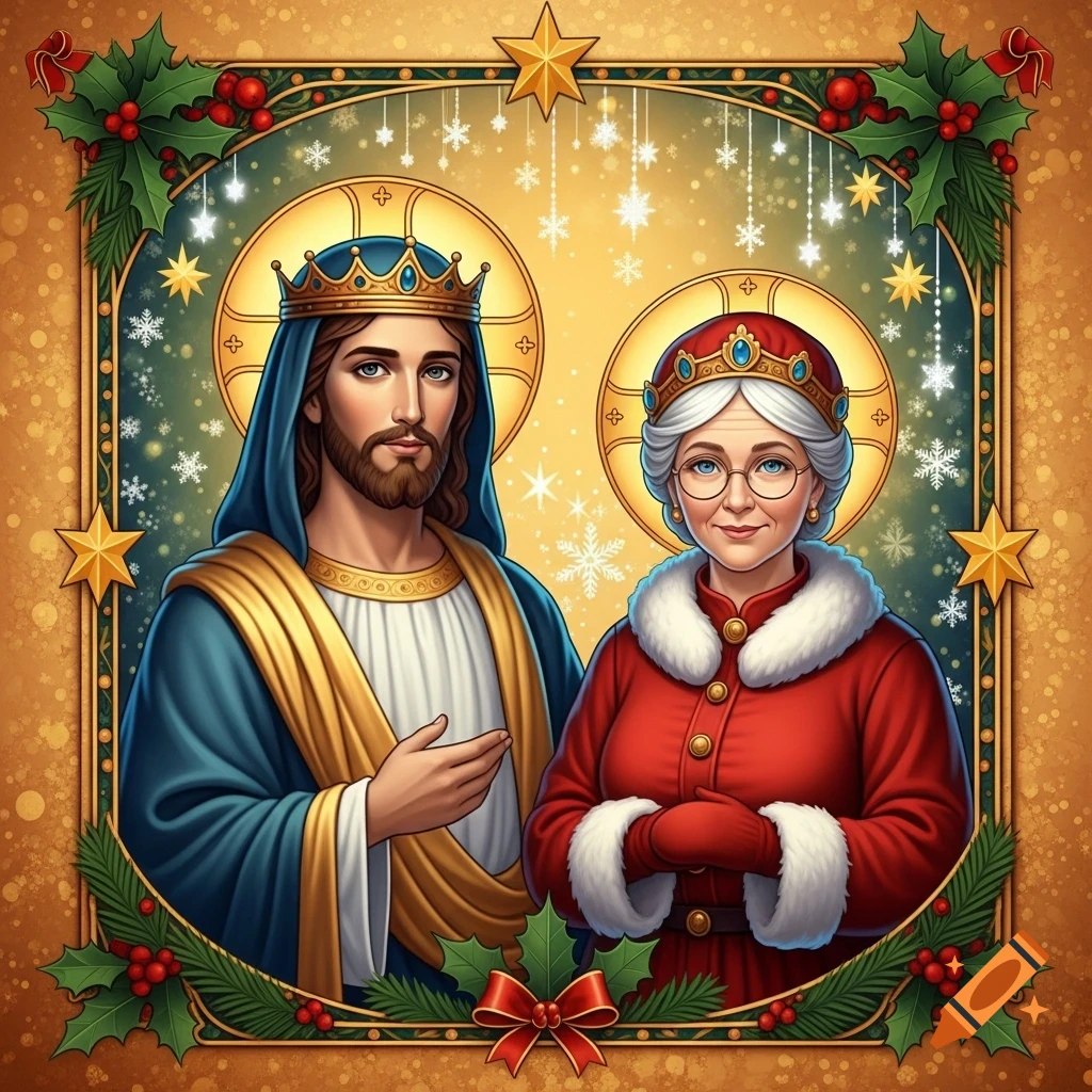 A Christmas icon featuring Jesus in a crown and blue robe next to Mrs. Claus in a red coat, bordered by festive holly and stars.