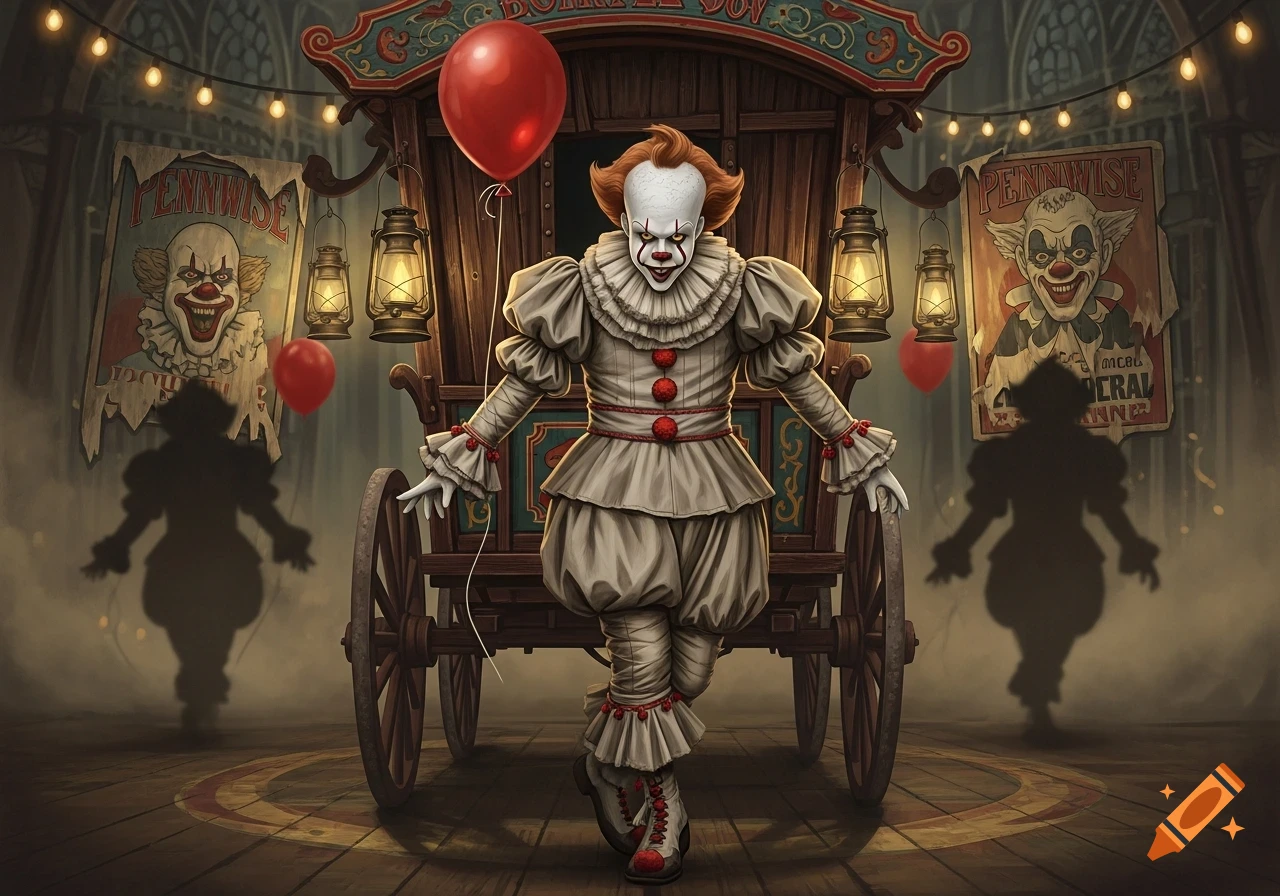 Pennywise the clown in a ruffled costume stands in front of a vintage circus cart with red balloons and "PENNIWISE" posters.