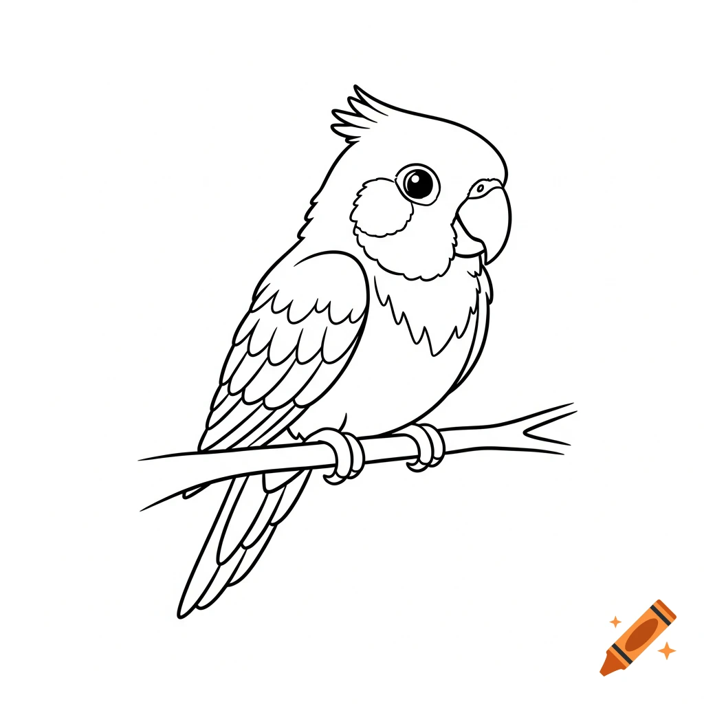 A simple black and white line drawing of a cute parrot with a crest perched on a branch.