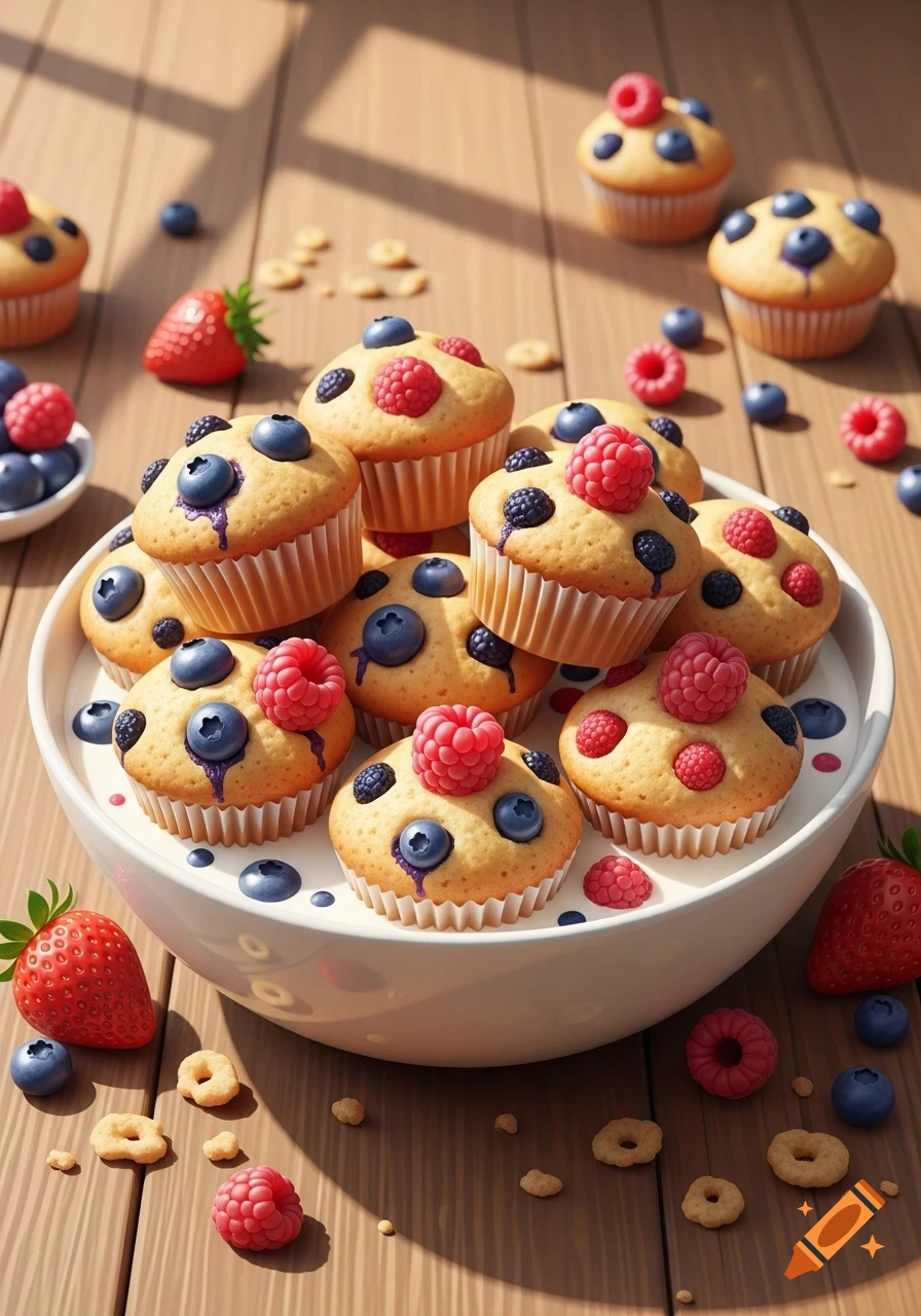 A bowl overflowing with mini berry muffins topped with blueberries and raspberries, surrounded by loose berries and cereal on a wooden table.