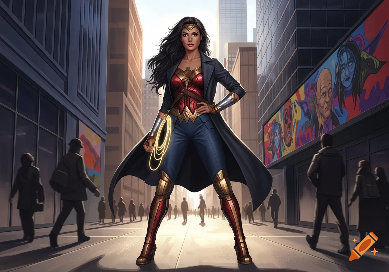 Wonder Woman in a dark coat, blue pants, and golden armor stands confidently on a city street, holding her glowing lasso.