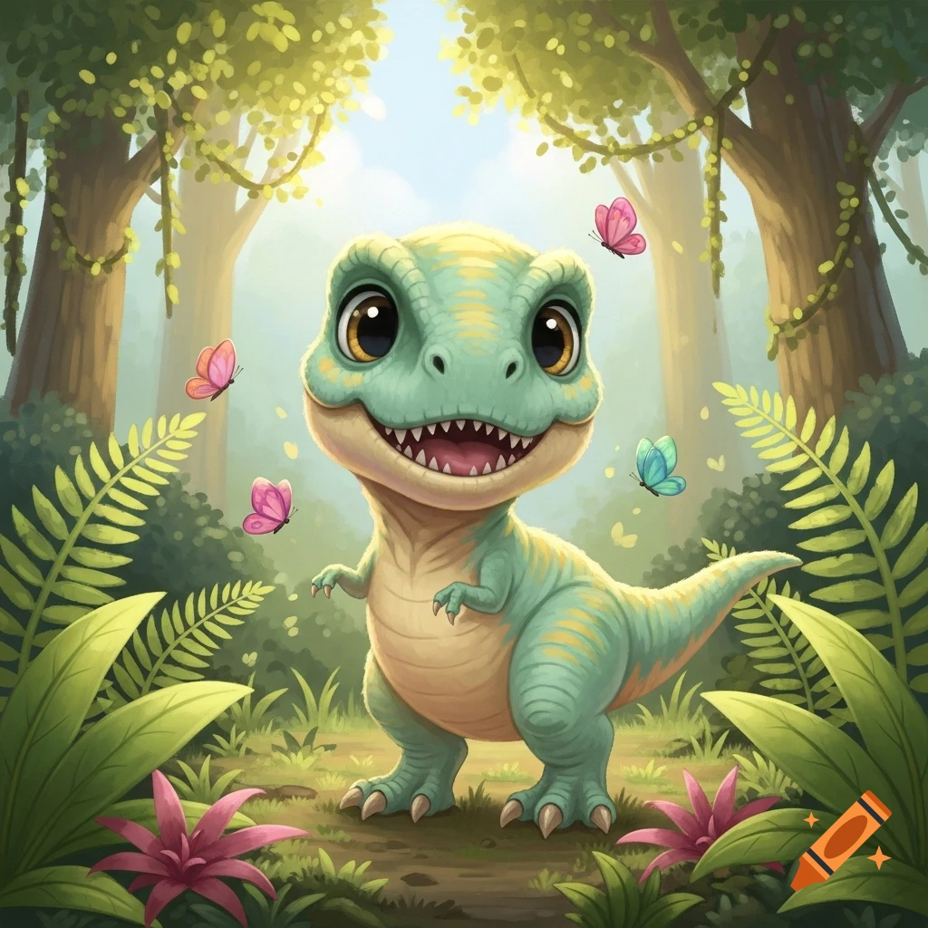 A cute, smiling baby T-Rex with big eyes stands in a lush cartoon jungle with butterflies.