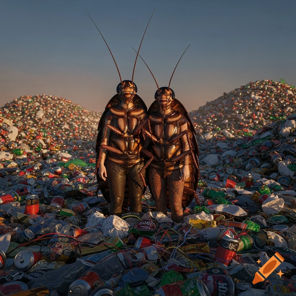 Two photorealistic human-sized figures in detailed cockroach exoskeletons stand in a massive landfill of discarded cans and debris under a clear sky.
