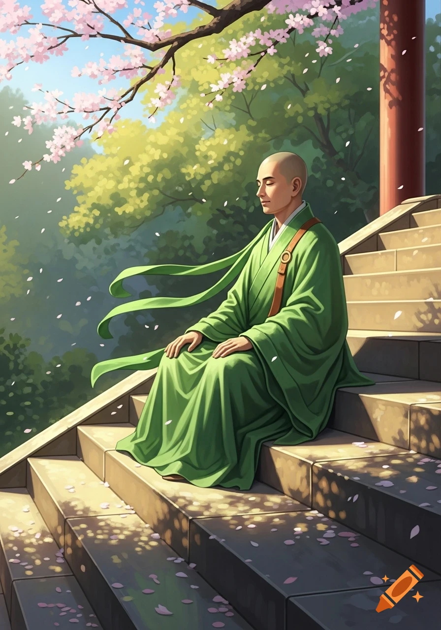 An illustration of a bald Buddhist monk in green robes meditating on stone steps under a cherry blossom tree with falling petals.