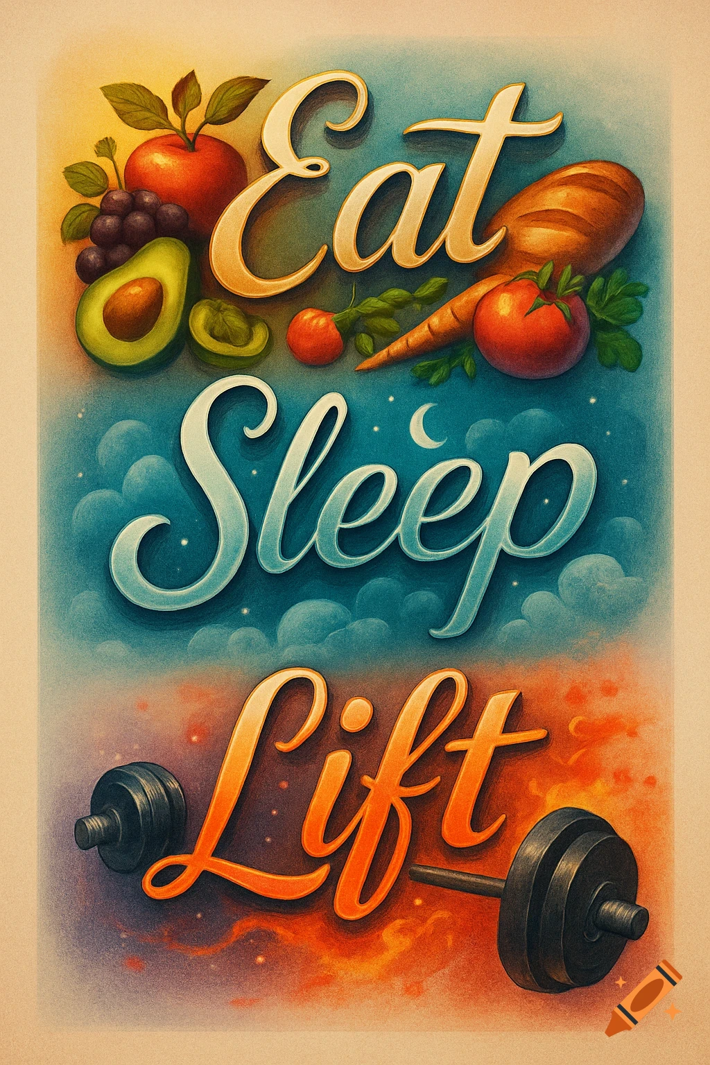 Motivational poster with 'Eat Sleep Lift' in decorative script, surrounded by colorful illustrations of food, clouds, and barbells.