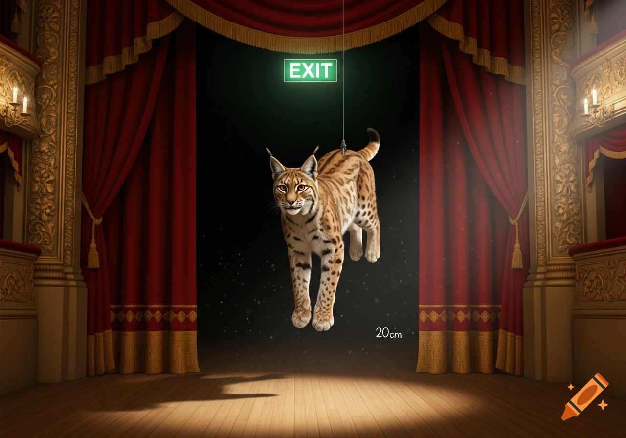 A photorealistic lynx floats above the stage of an opulent red curtained theater, below a green EXIT sign and '20cm' text.