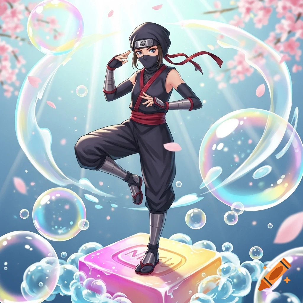 An anime-style female ninja in a black and red uniform balances on a large bar of pink and yellow soap, surrounded by bubbles, cherry blossoms, and petals.