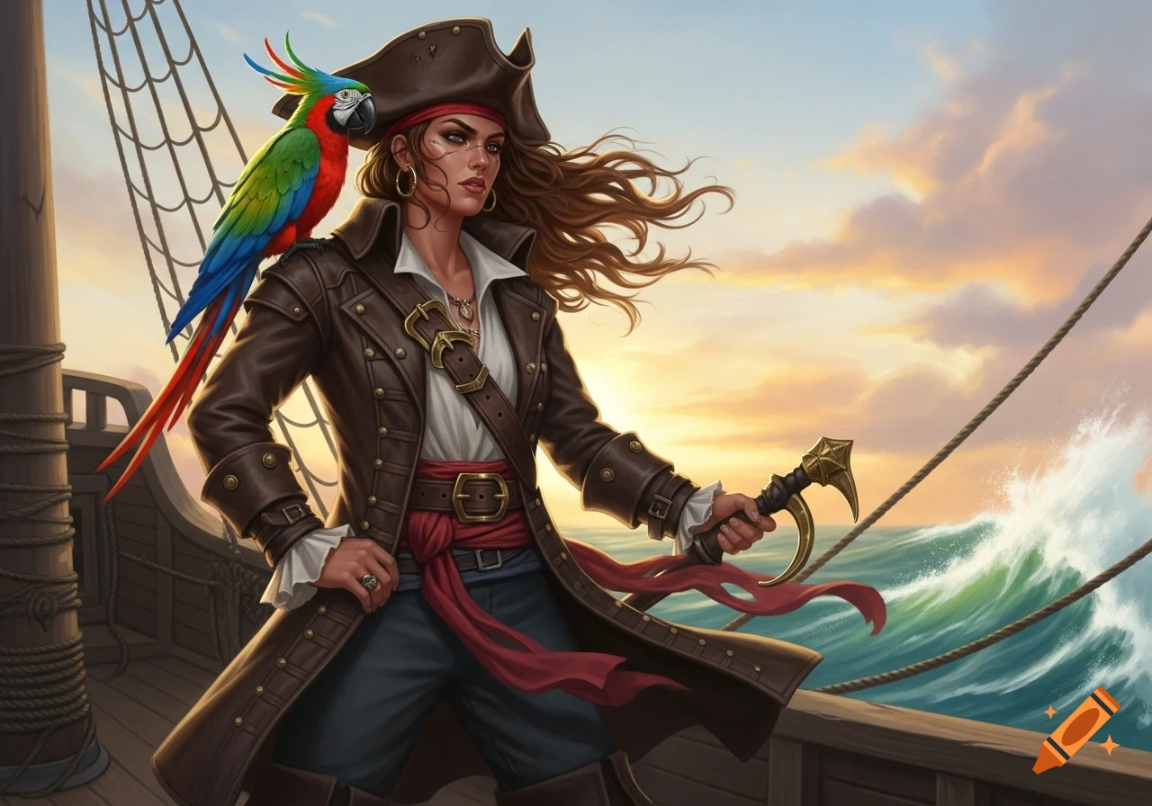 A detailed illustration of a female pirate with a parrot on her shoulder, standing on a ship at sea during sunset.