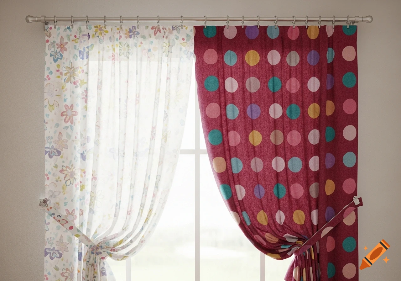 A window with two layers of curtains: a sheer white floral curtain and a maroon polka dot curtain, both tied back.