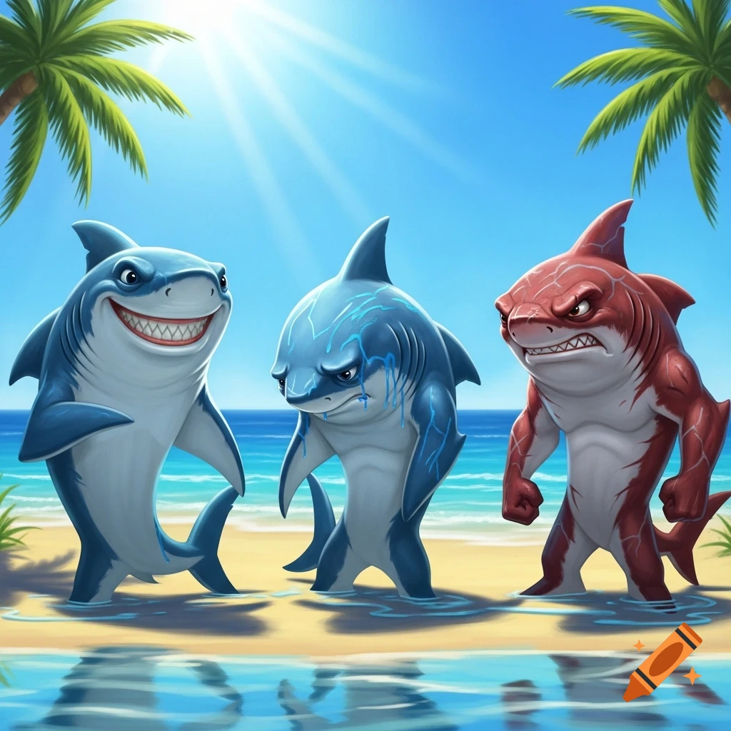 Three cartoon sharks standing on a sunny beach, one happy, one sad with blue tears, and one mad red shark.