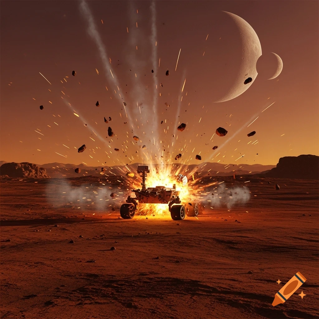 A Mars rover explodes on the red Martian landscape, sending sparks and debris high under two large moons.
