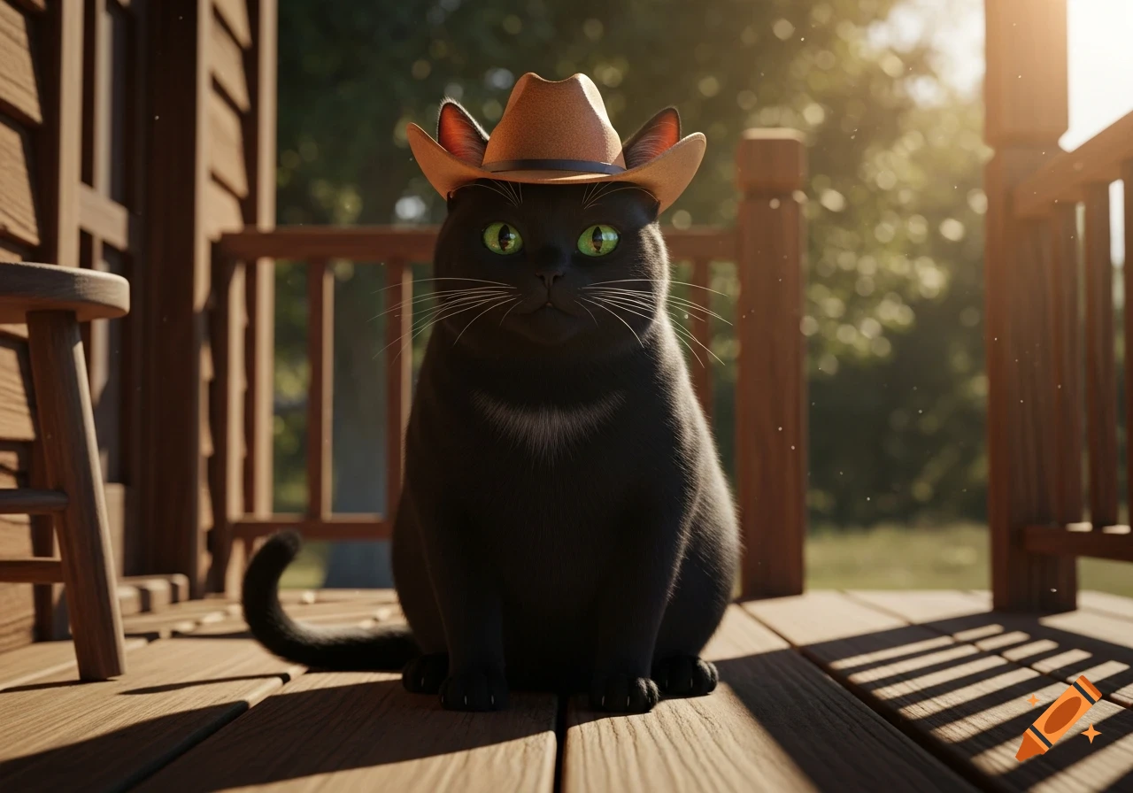 A cute photorealistic black cat with vibrant green eyes wearing a brown cowboy hat, sitting on a sunny wooden porch.