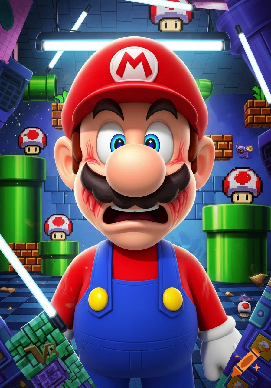 Distressed Mario stands in a colorful video game world with pipes and pixel art mushrooms, holding a VR controller.