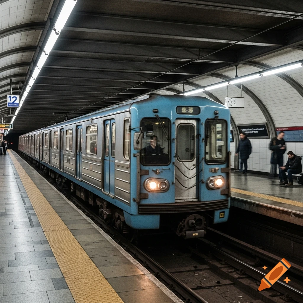 Photorealistic image of a light blue and silver subway train pulling into an underground station, with people waiting on the platform.