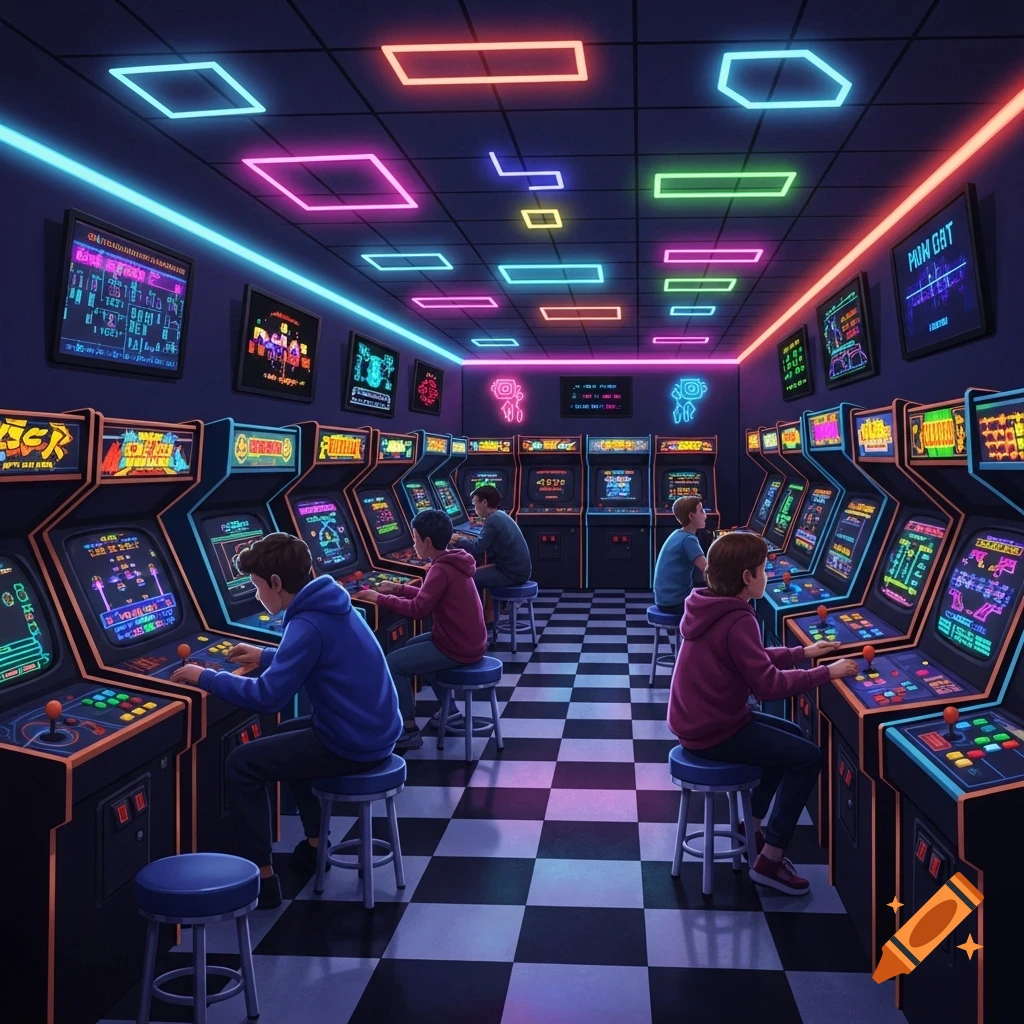 A vibrant retro arcade room with glowing neon lights, featuring several people playing classic arcade games on machines with colorful screens.