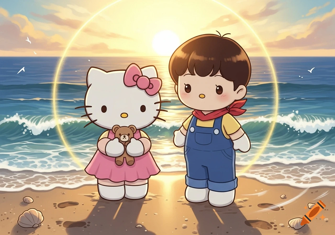 Hello Kitty holding a teddy bear next to Dear Daniel on a sunny beach at golden hour.