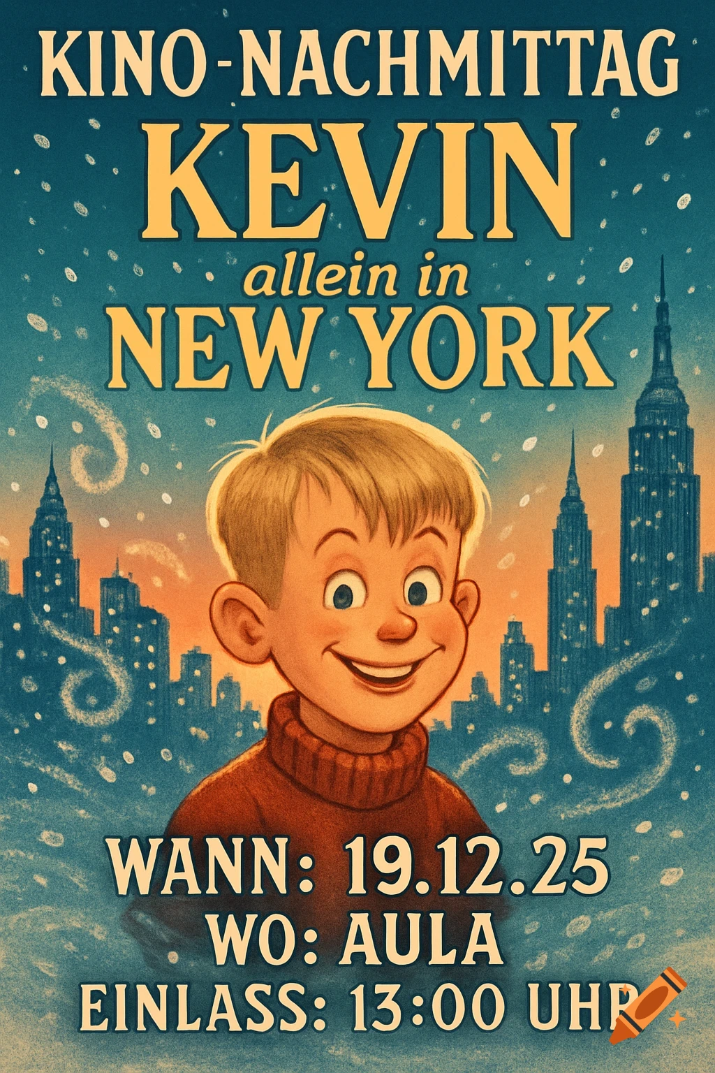 Illustrated movie poster featuring a smiling cartoon boy in a red sweater against a snowy New York City skyline at sunset. Text reads 'KINO-NACHMITTAG KEVIN allein in NEW YORK' and event details.