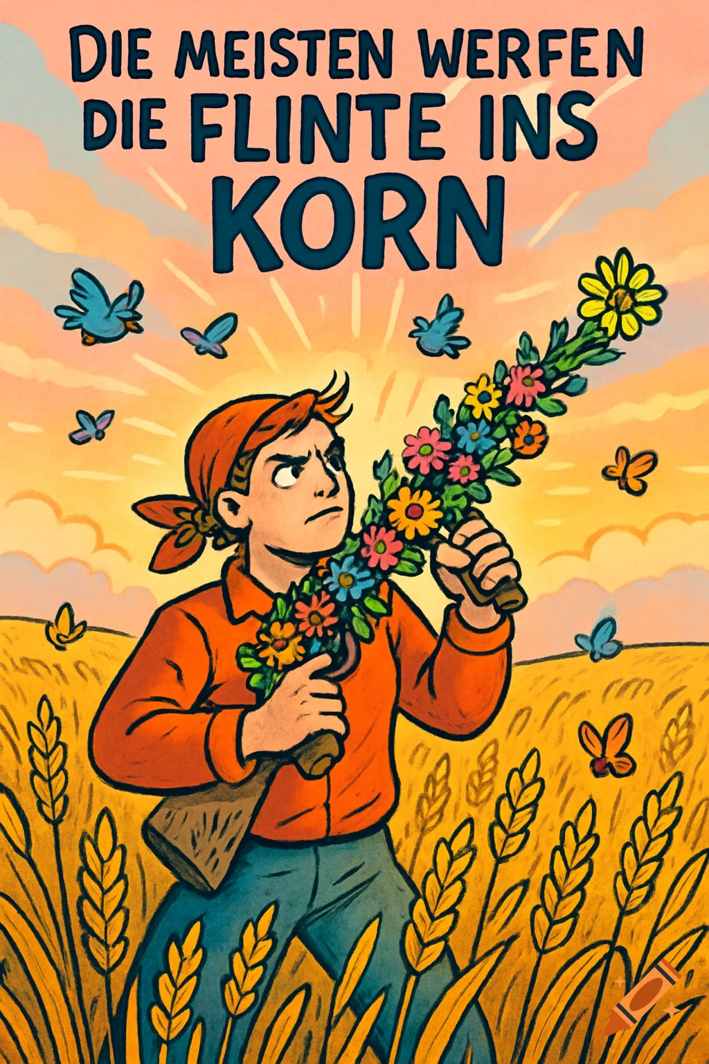A determined comic-style person holds a rifle blooming with flowers in a wheat field under a sunset. Text: "DIE MEISTEN WERFEN DIE FLINTE INS KORN".