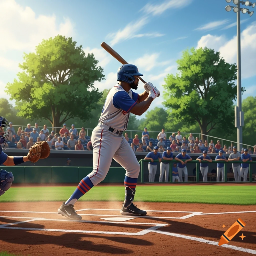 A baseball player in a blue and gray uniform bats on a sunny field, with a catcher nearby and a crowd in the background.