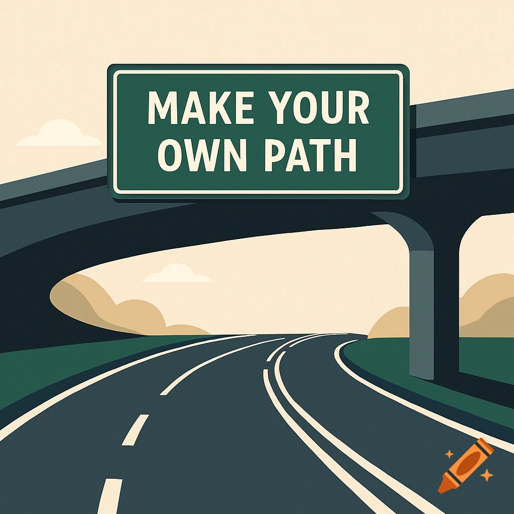 A stylized illustration of a highway leading under an overpass, with a green sign reading 'MAKE YOUR OWN PATH'.