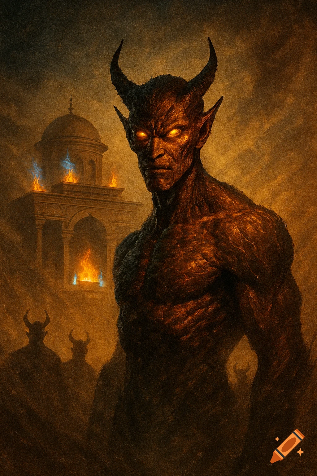 A menacing horned demon with glowing eyes stands before a burning ancient temple under a dusty sky, with other demon silhouettes in the background. Dark fantasy art.