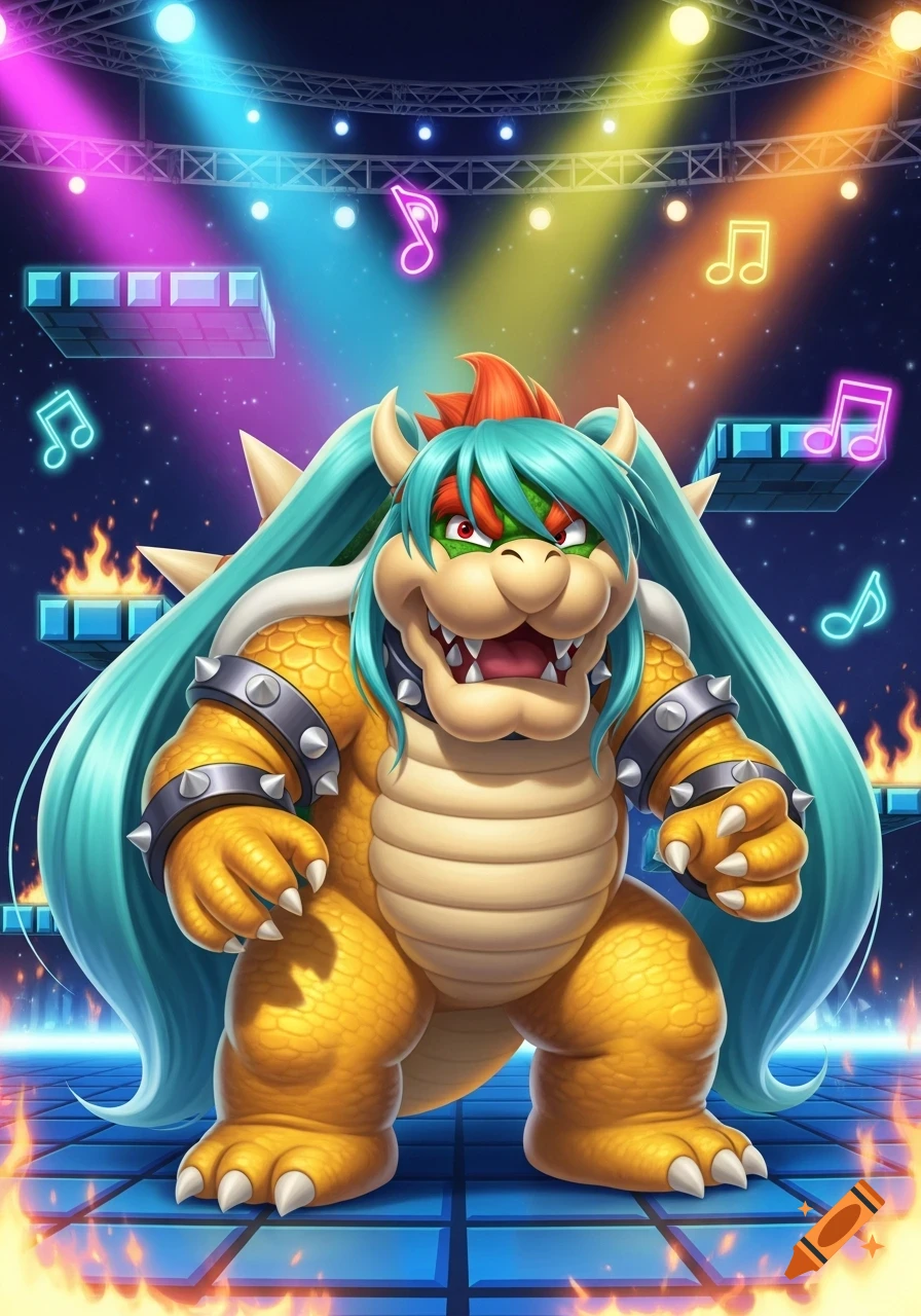 Bowser from Super Mario wears a long teal wig, standing on a glowing disco-like stage with musical notes and Mario blocks.