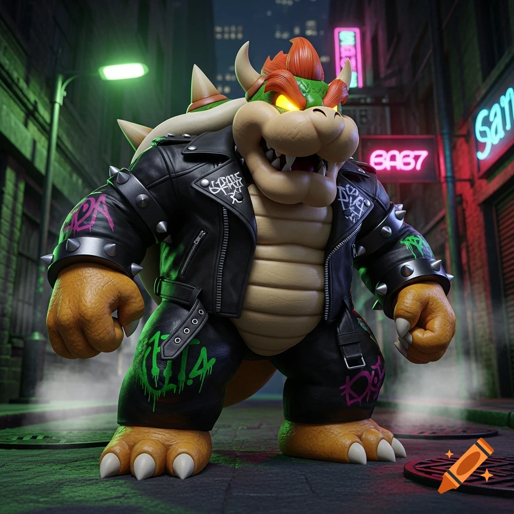 A punk-rock Bowser, from Mario Bros, stands in a dark, neon-lit alley, wearing a studded leather jacket and graffiti-covered pants.