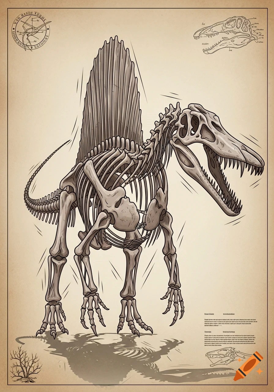 A detailed drawing of a Spinosaurus skeleton on a beige background, with additional anatomical diagrams and unreadable text in the corners.