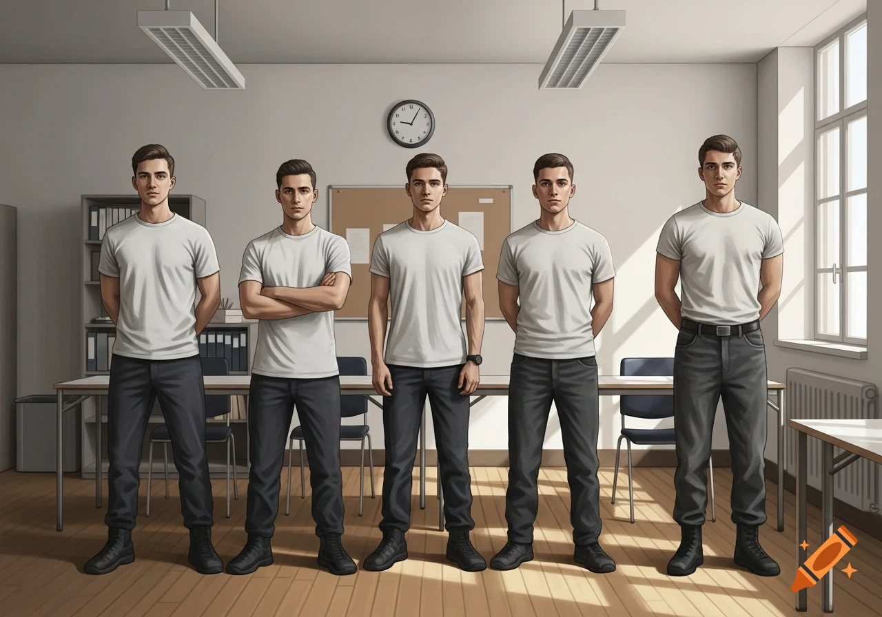 Five young men in grey t-shirts and dark pants stand uniformly in an office room, rendered in an illustrative style.