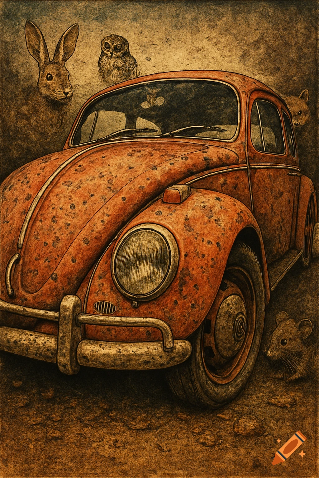 A rusty orange vintage VW Beetle in a rustic, textured illustration, surrounded by a rabbit, an owl, and two mice.