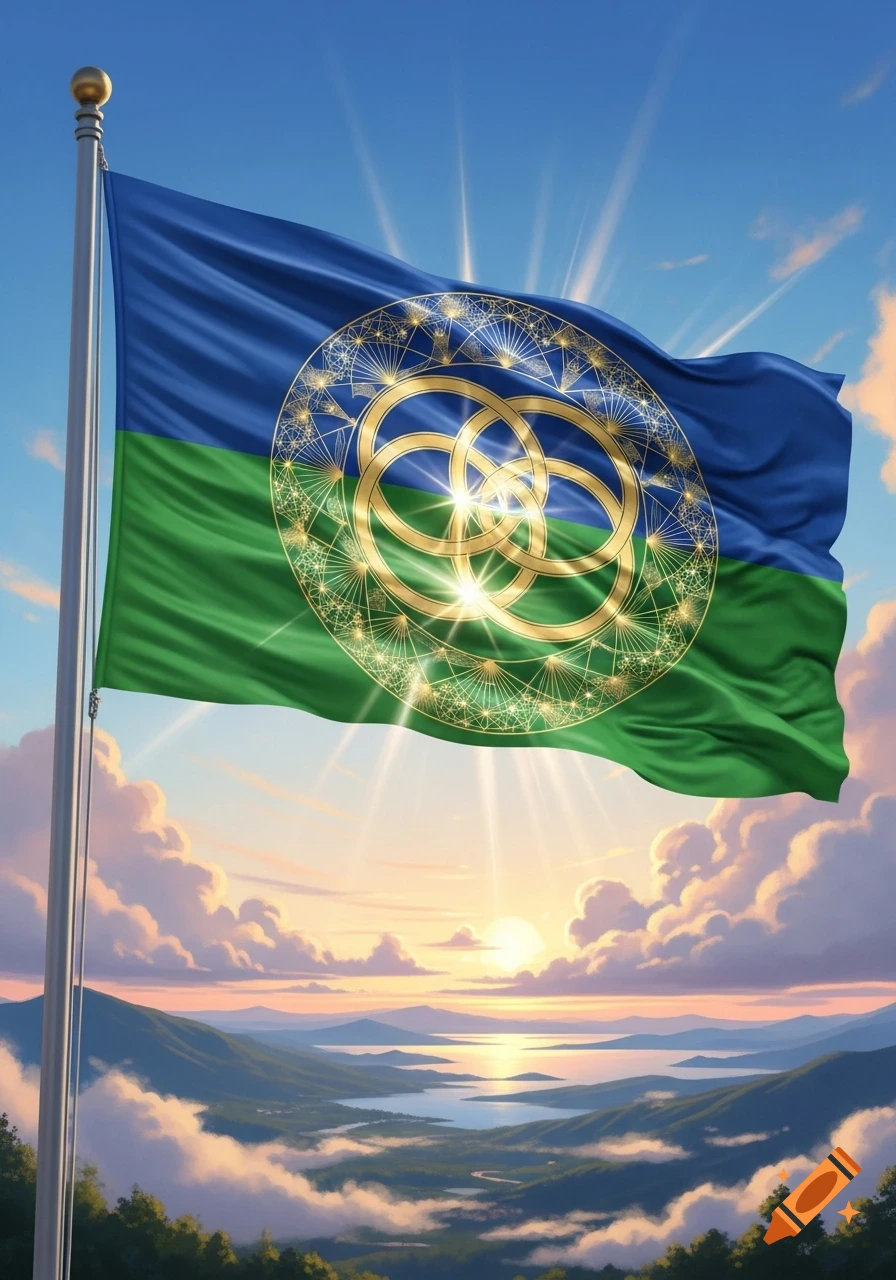 A blue and green flag with a glowing golden circular symbol waves against a sunset sky over a serene mountain and lake landscape.