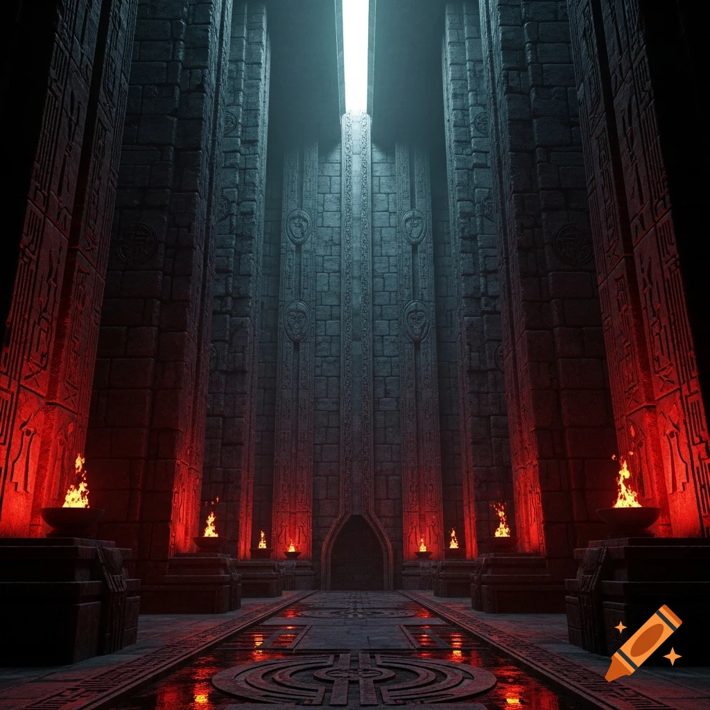 Dark, highly detailed interior of a stone temple with towering pillars, glowing red torches, and a bright light from above.