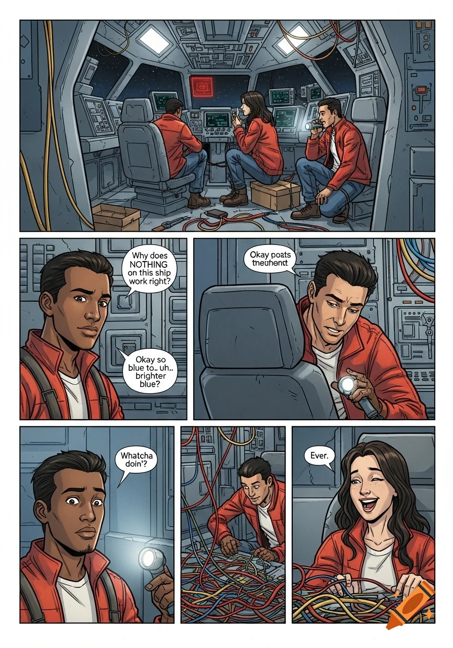 A 5-panel comic page shows three characters trying to fix a spaceship. The cockpit is full of wires and tools, and the characters look frustrated and confused.