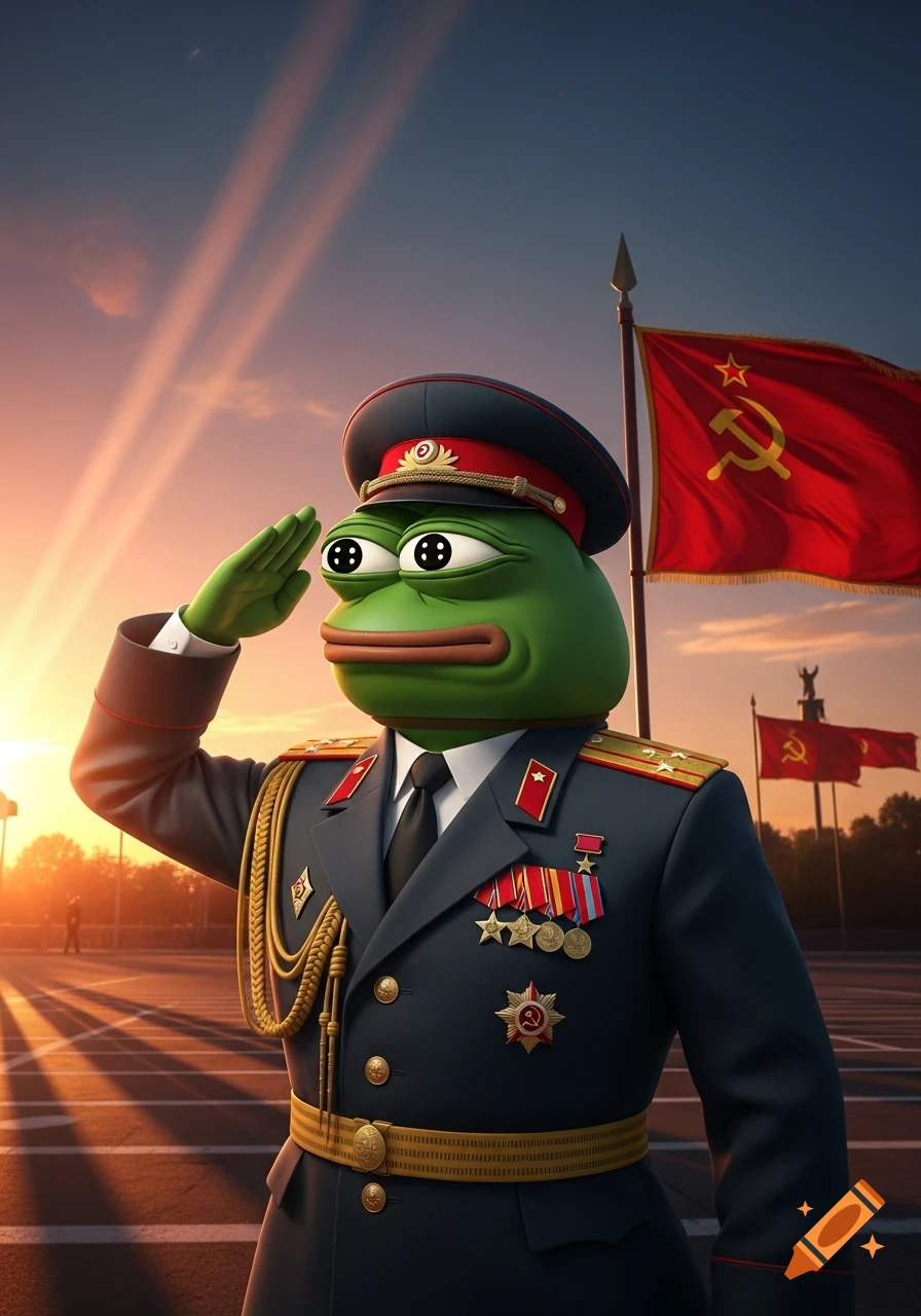Pepe the Frog in a Soviet military uniform saluting, with Soviet flags in the background during sunset.