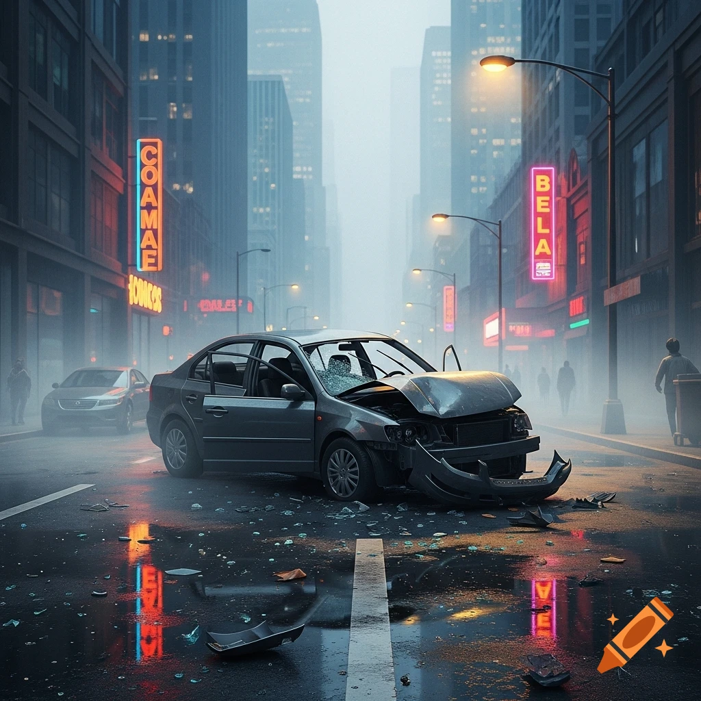 A dark gray crashed car with a crumpled front end and shattered windshield sits on a wet, misty city street at night, with neon signs reflecting in puddles.